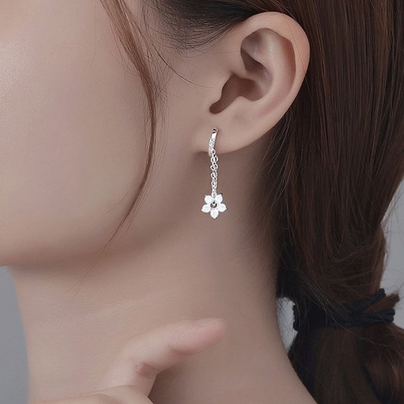 NEW Silver Copper Zircon Flower Chain Tassel Hoop Earrings - Picture 8 of 10